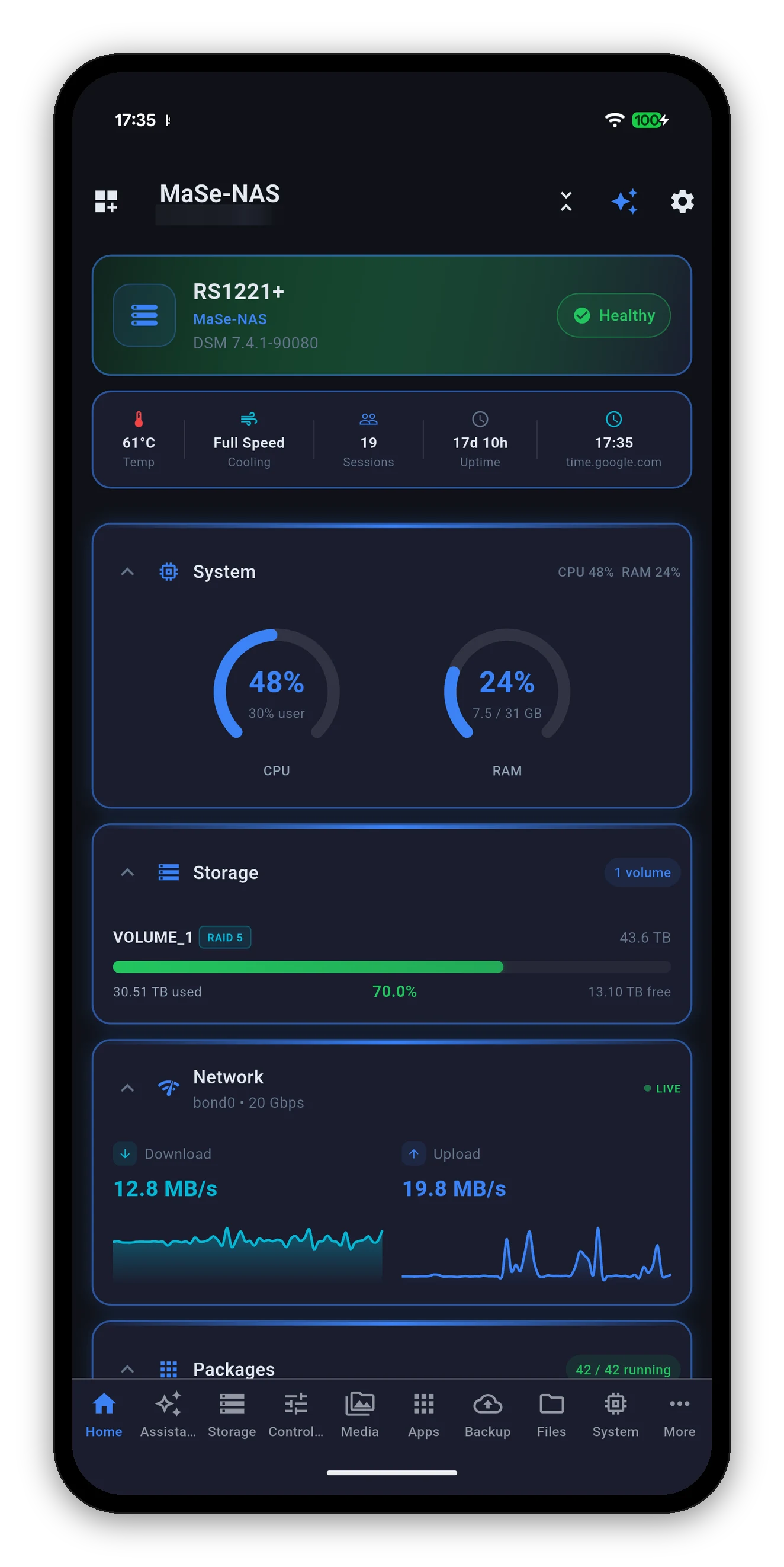 Syno Manager home screen showing a Synology RackStation at a glance